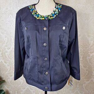 Ruby Rd Sz 18 Navy Blue Jacket Button Front Stone Embellishment 3/4 Sleeves NWT